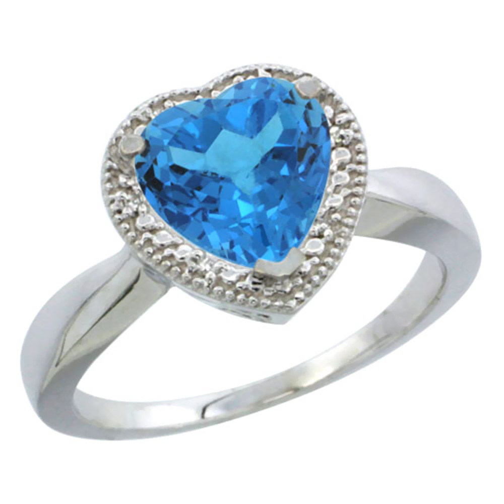 14K White Gold Natural Swiss Blue Topaz Ring Heart 8x8mm Diamond Accent, sizes 5-10