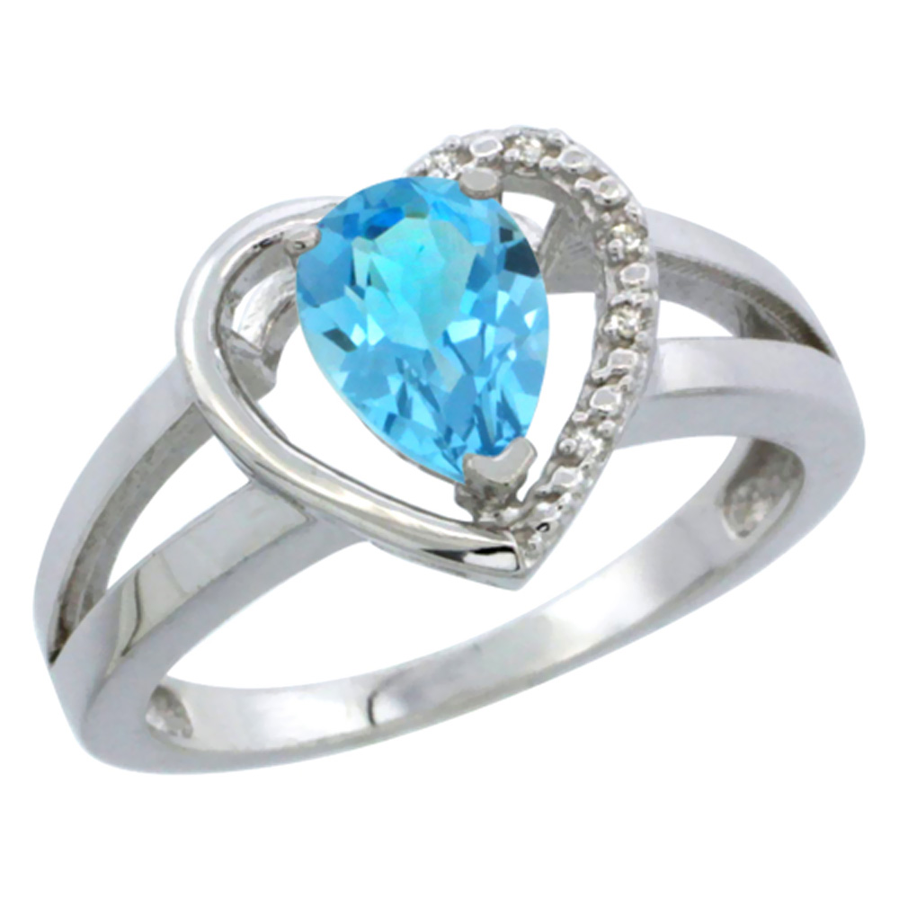 14K White Gold Natural Swiss Blue Topaz Heart Ring Pear 7x5 mm Diamond Accent, sizes 5-10