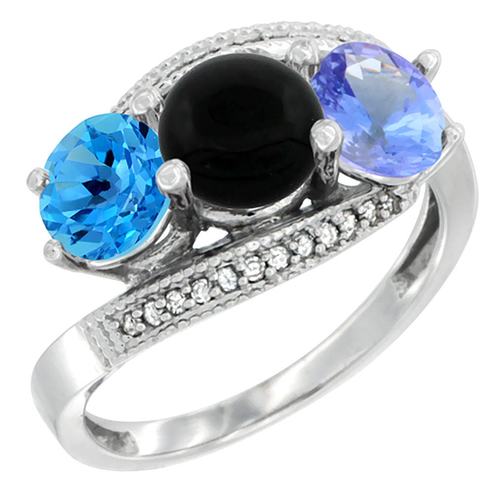 10K White Gold Natural Swiss Blue Topaz, Black Onyx & Tanzanite 3 stone Ring Round 6mm Diamond Accent, sizes 5 - 10