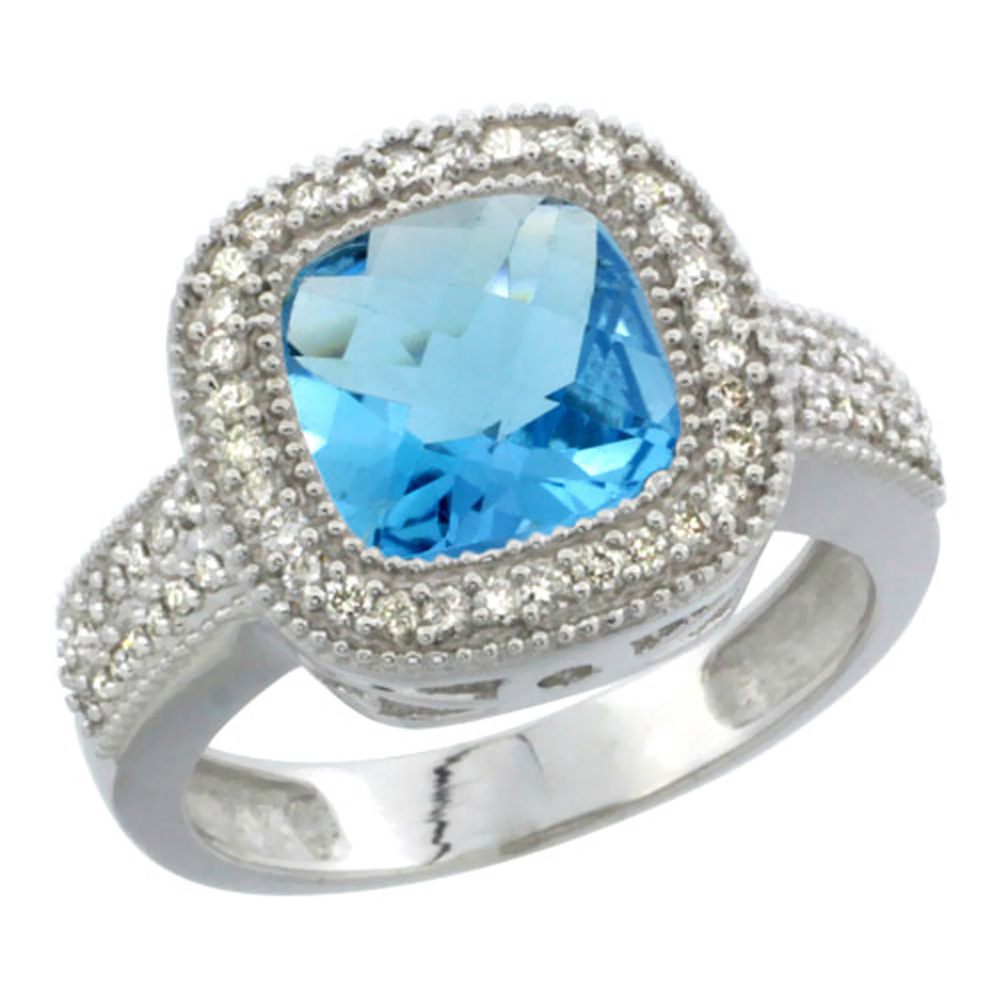 10K White Gold Genuine Blue Topaz Ring Halo Cushion-cut 9x9mm Diamond Accent sizes 5-10