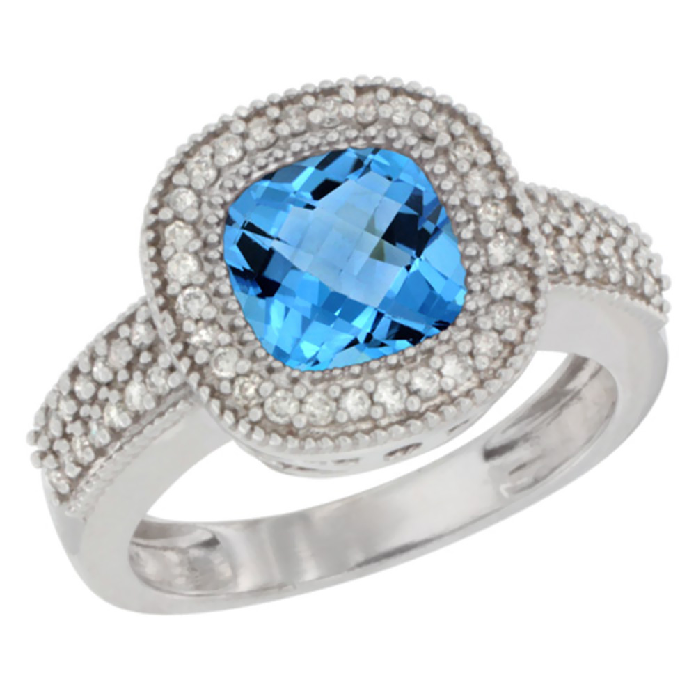 10K White Gold Genuine Blue Topaz Ring Halo Cushion-cut 7x7mm Diamond Accent sizes 5-10
