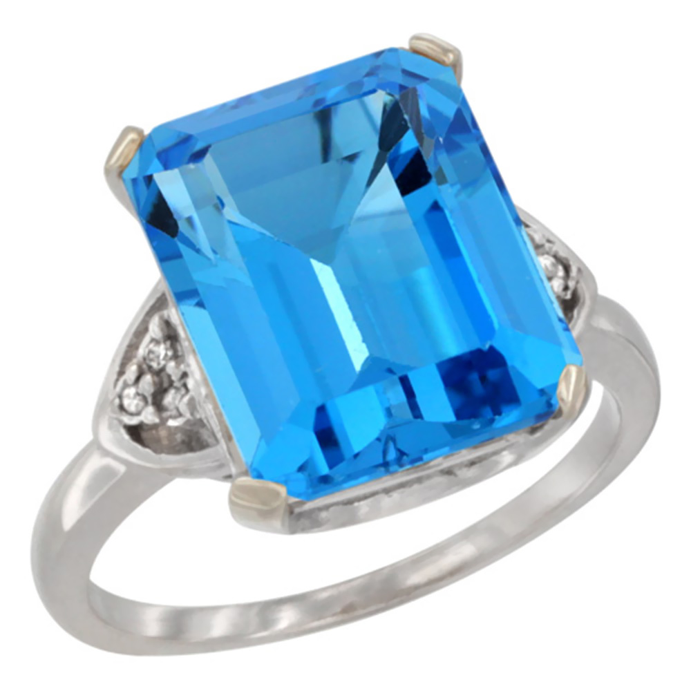 14K White Gold Diamond Natural Swiss Blue Topaz Ring Octagon 12x10 mm, sizes 5-10