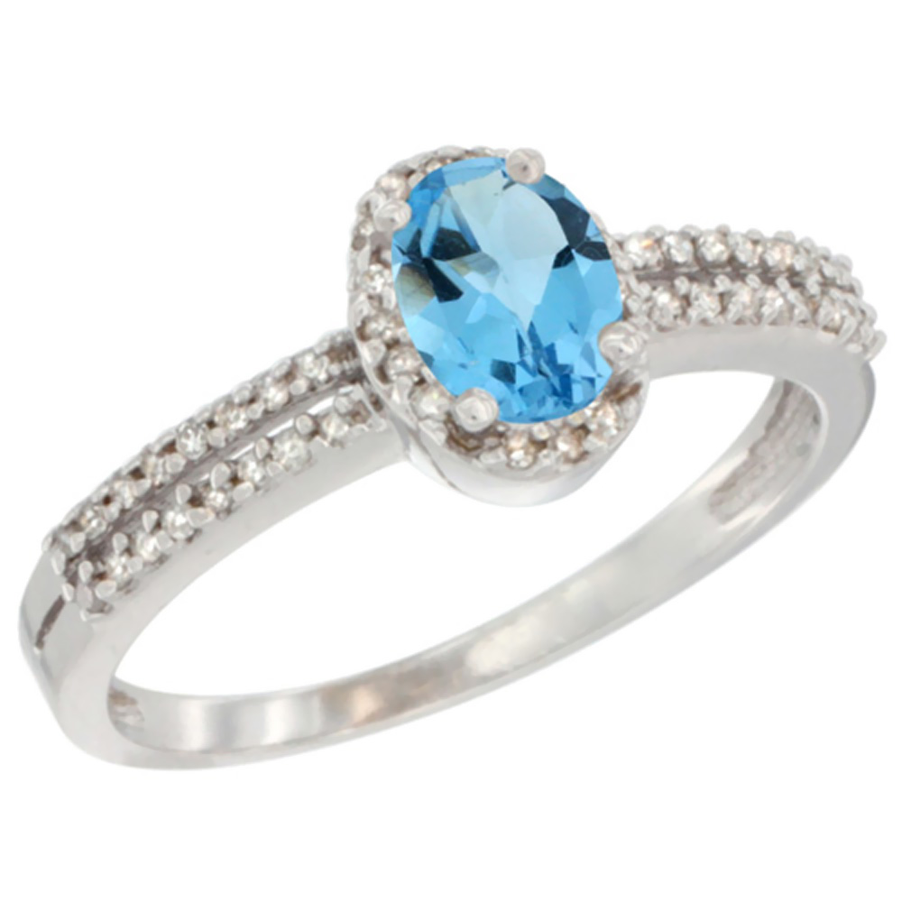 14K White Gold Natural Swiss Blue Topaz Ring Oval 6x4mm Diamond Accent, sizes 5-10