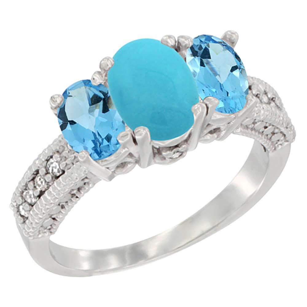 10K White Gold Diamond Natural Turquoise Ring Oval 3-stone with Swiss Blue Topaz, sizes 5 - 10