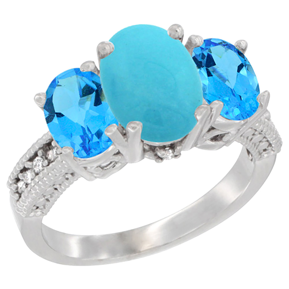 14K White Gold Diamond Natural Turquoise Ring 3-Stone Oval 8x6mm with Swiss Blue Topaz, sizes5-10