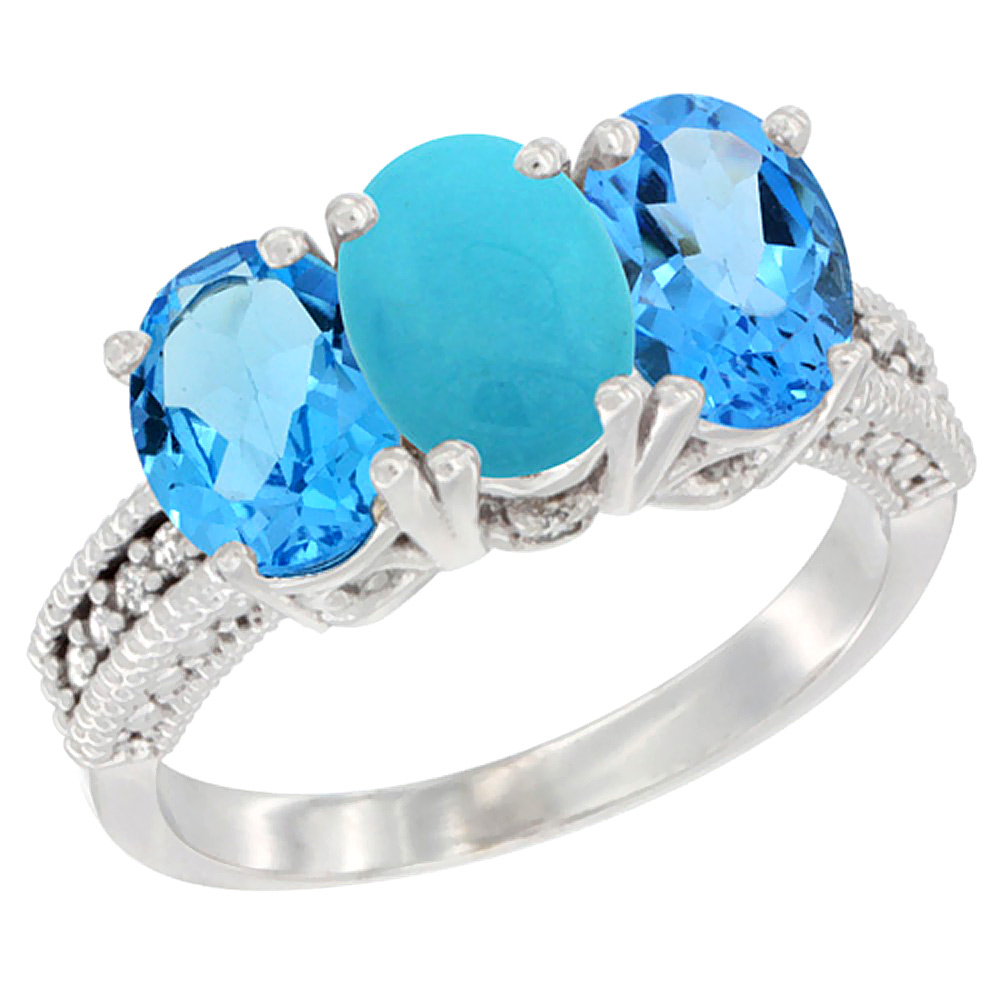 10K White Gold Natural Turquoise &amp; Swiss Blue Topaz Sides Ring 3-Stone Oval 7x5 mm Diamond Accent, sizes 5 - 10