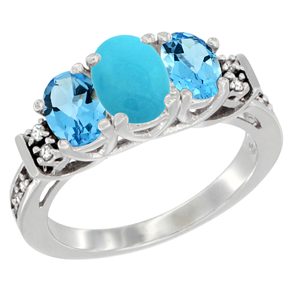 14K White Gold Natural Turquoise & Swiss Blue Topaz Ring 3-Stone Oval Diamond Accent, sizes 5-10