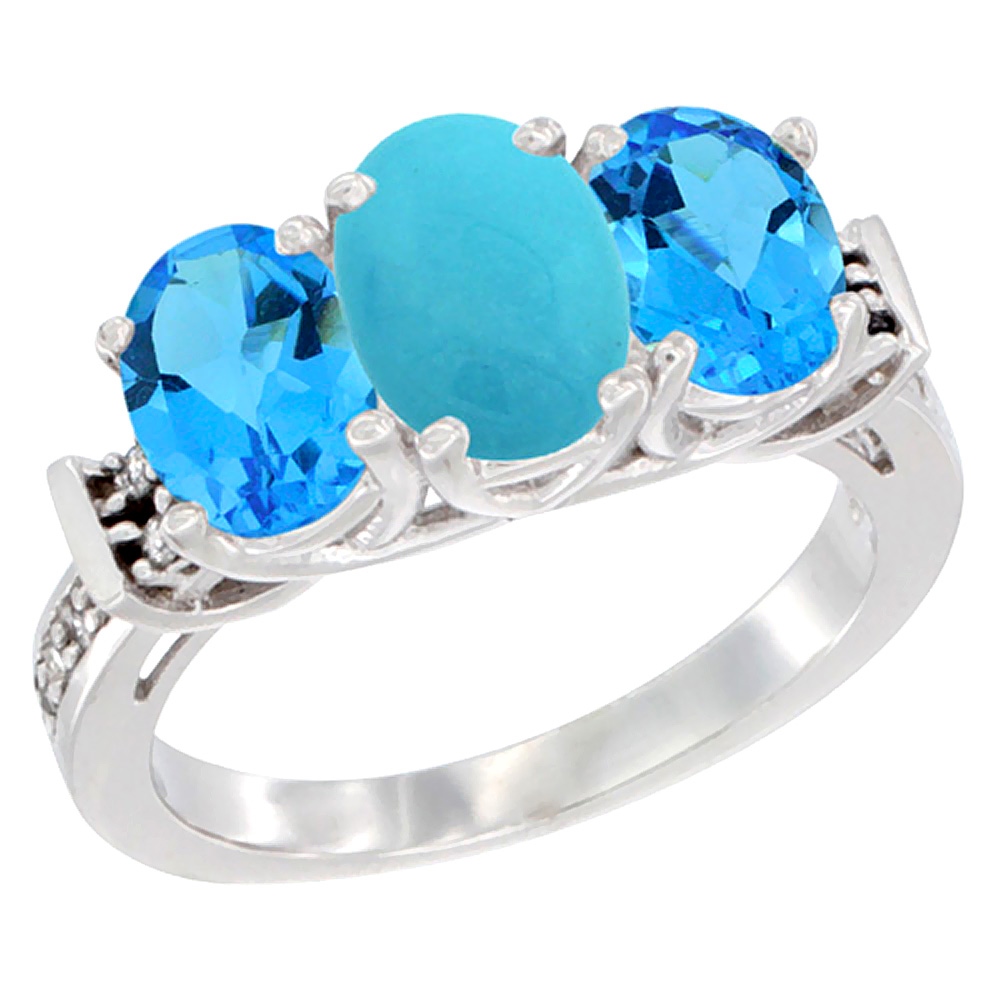 10K White Gold Natural Turquoise & Swiss Blue Topaz Sides Ring 3-Stone Oval Diamond Accent, sizes 5 - 10