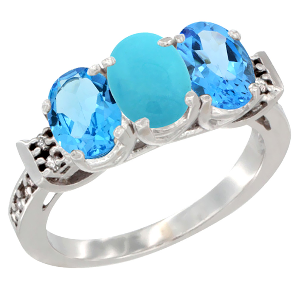 10K White Gold Natural Turquoise & Swiss Blue Topaz Sides Ring 3-Stone Oval 7x5 mm Diamond Accent, sizes 5 - 10