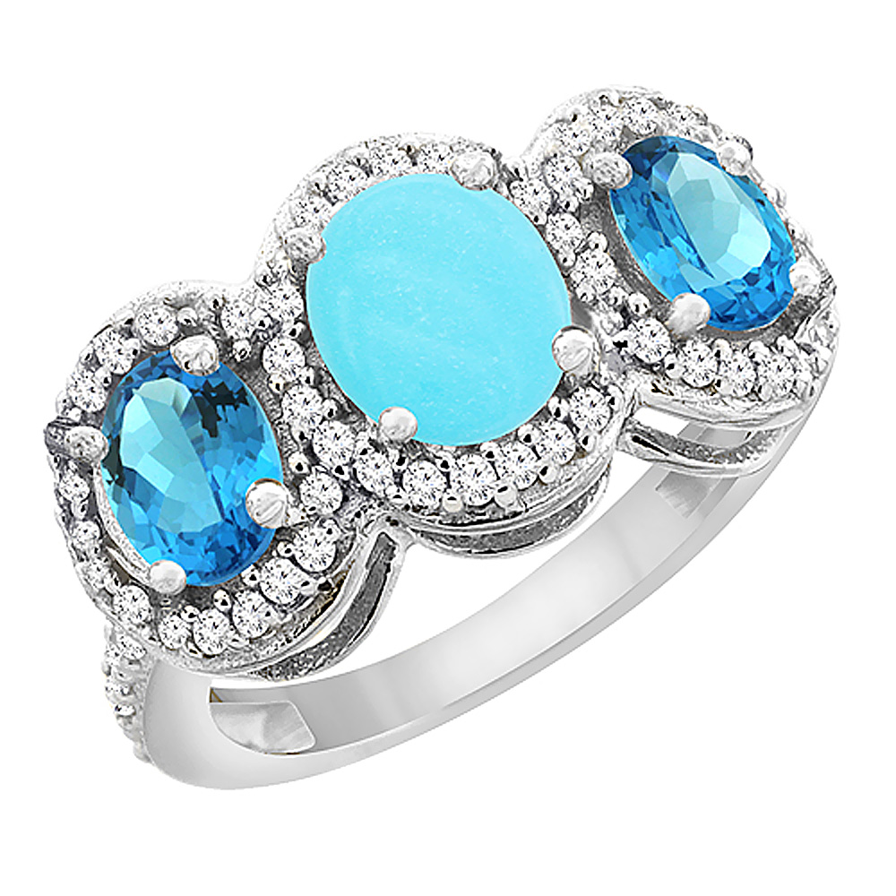 10K White Gold Natural Turquoise & Swiss Blue Topaz 3-Stone Ring Oval Diamond Accent, sizes 5 - 10