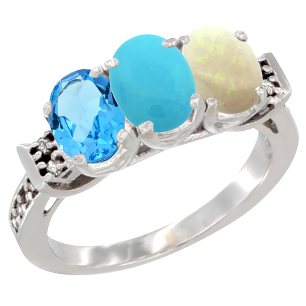 10K White Gold Natural Swiss Blue Topaz, Turquoise & Opal Ring 3-Stone Oval 7x5 mm Diamond Accent, sizes 5 - 10