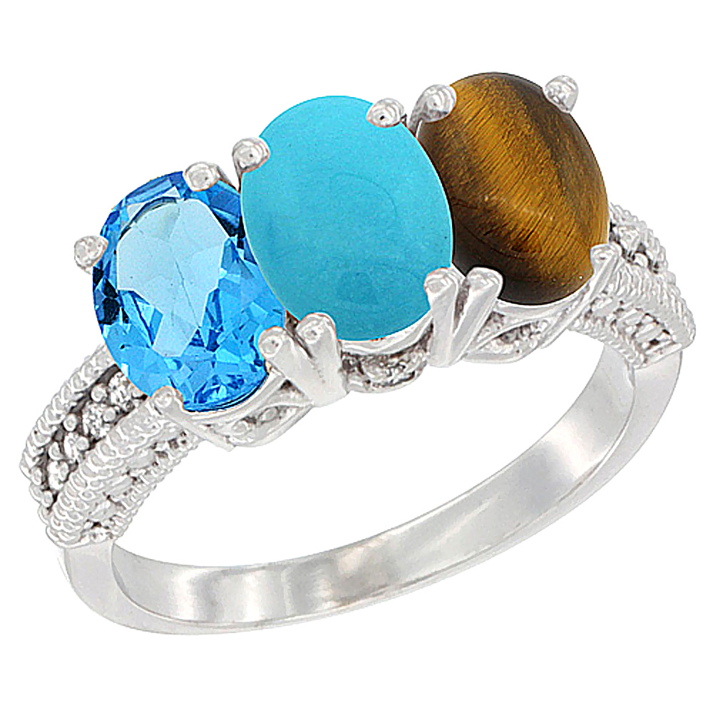 10K White Gold Natural Swiss Blue Topaz, Turquoise & Tiger Eye Ring 3-Stone Oval 7x5 mm Diamond Accent, sizes 5 - 10
