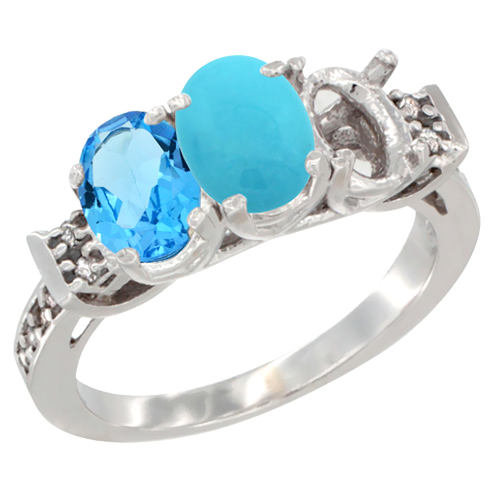 10K White Gold Natural Swiss Blue Topaz, Turquoise &amp; Tiger Eye Ring 3-Stone Oval 7x5 mm Diamond Accent, sizes 5 - 10