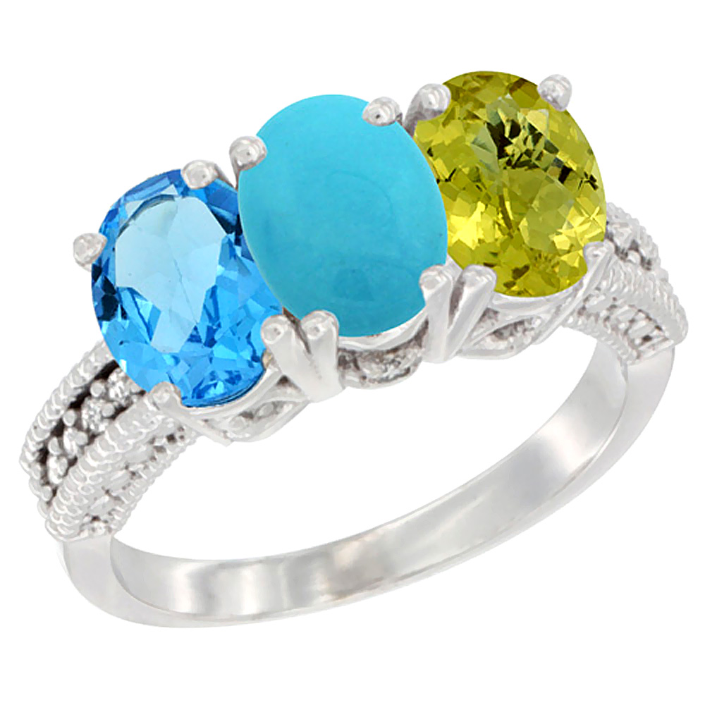 10K White Gold Natural Swiss Blue Topaz, Turquoise &amp; Lemon Quartz Ring 3-Stone Oval 7x5 mm Diamond Accent, sizes 5 - 10