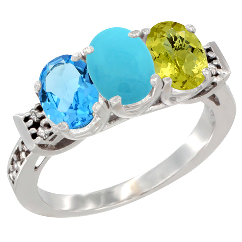 10K White Gold Natural Swiss Blue Topaz, Turquoise &amp; Lemon Quartz Ring 3-Stone Oval 7x5 mm Diamond Accent, sizes 5 - 10