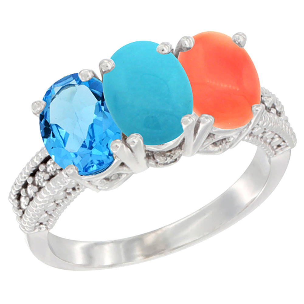 10K White Gold Natural Swiss Blue Topaz, Turquoise &amp; Coral Ring 3-Stone Oval 7x5 mm Diamond Accent, sizes 5 - 10