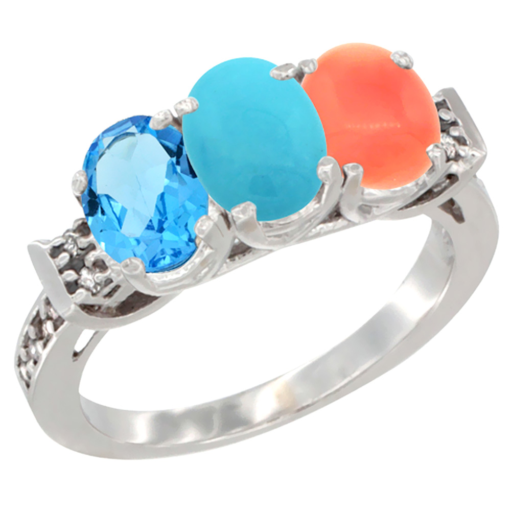 14K White Gold Natural Swiss Blue Topaz, Turquoise & Coral Ring 3-Stone 7x5 mm Oval Diamond Accent, sizes 5 - 10
