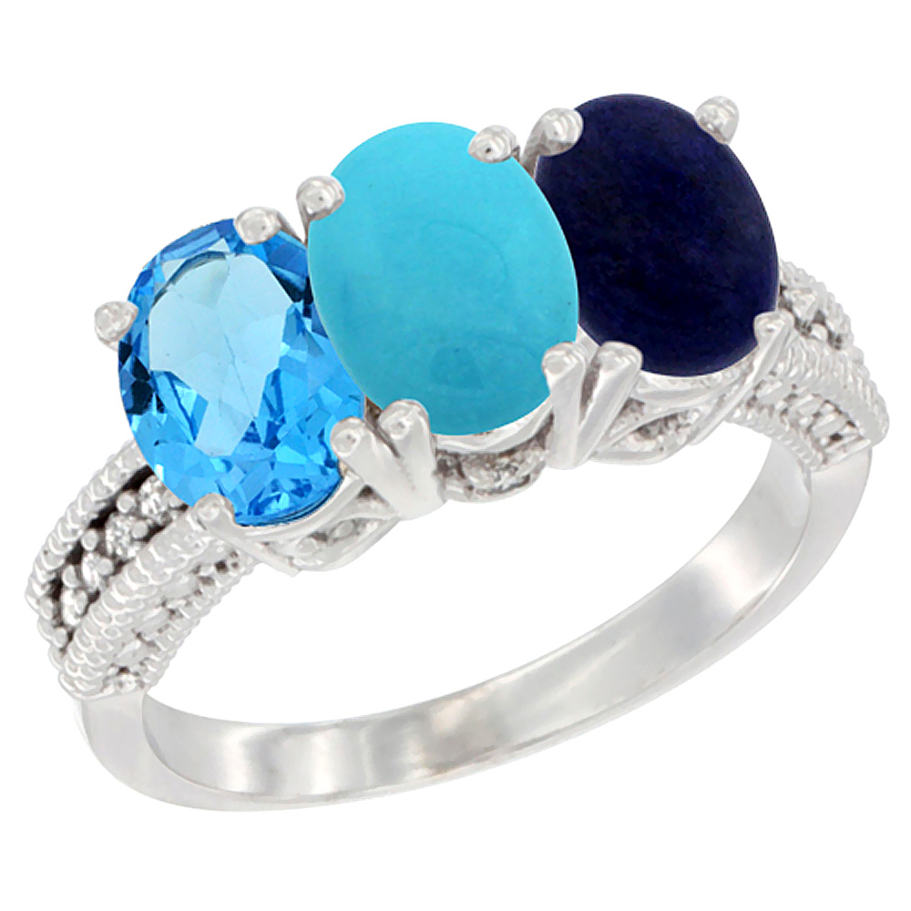 10K White Gold Natural Swiss Blue Topaz, Turquoise &amp; Lapis Ring 3-Stone Oval 7x5 mm Diamond Accent, sizes 5 - 10