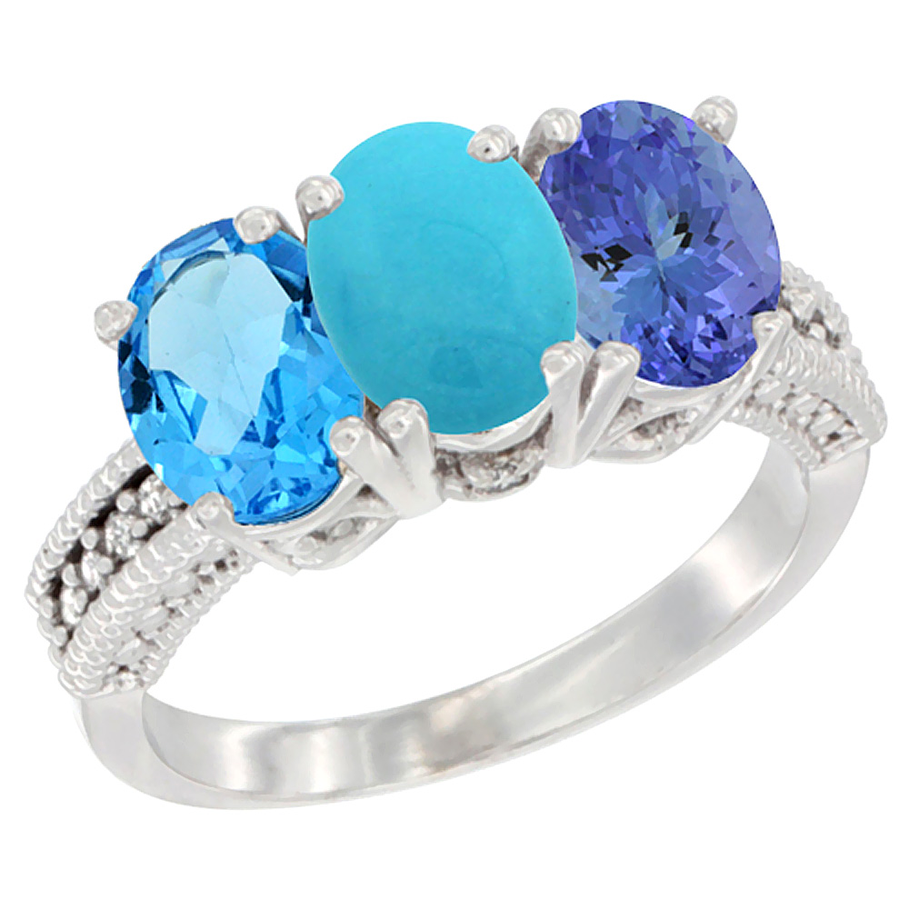 10K White Gold Natural Swiss Blue Topaz, Turquoise &amp; Tanzanite Ring 3-Stone Oval 7x5 mm Diamond Accent, sizes 5 - 10