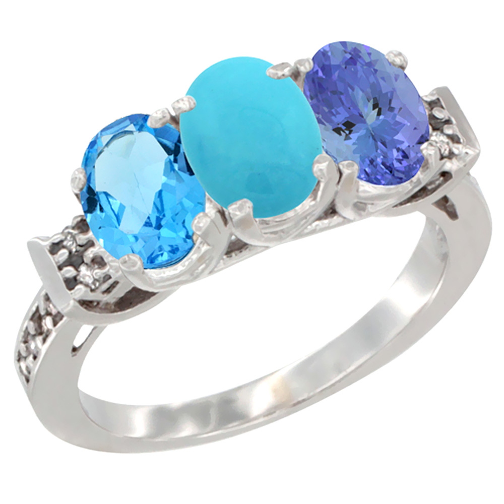 14K White Gold Natural Swiss Blue Topaz, Turquoise &amp; Tanzanite Ring 3-Stone 7x5 mm Oval Diamond Accent, sizes 5 - 10