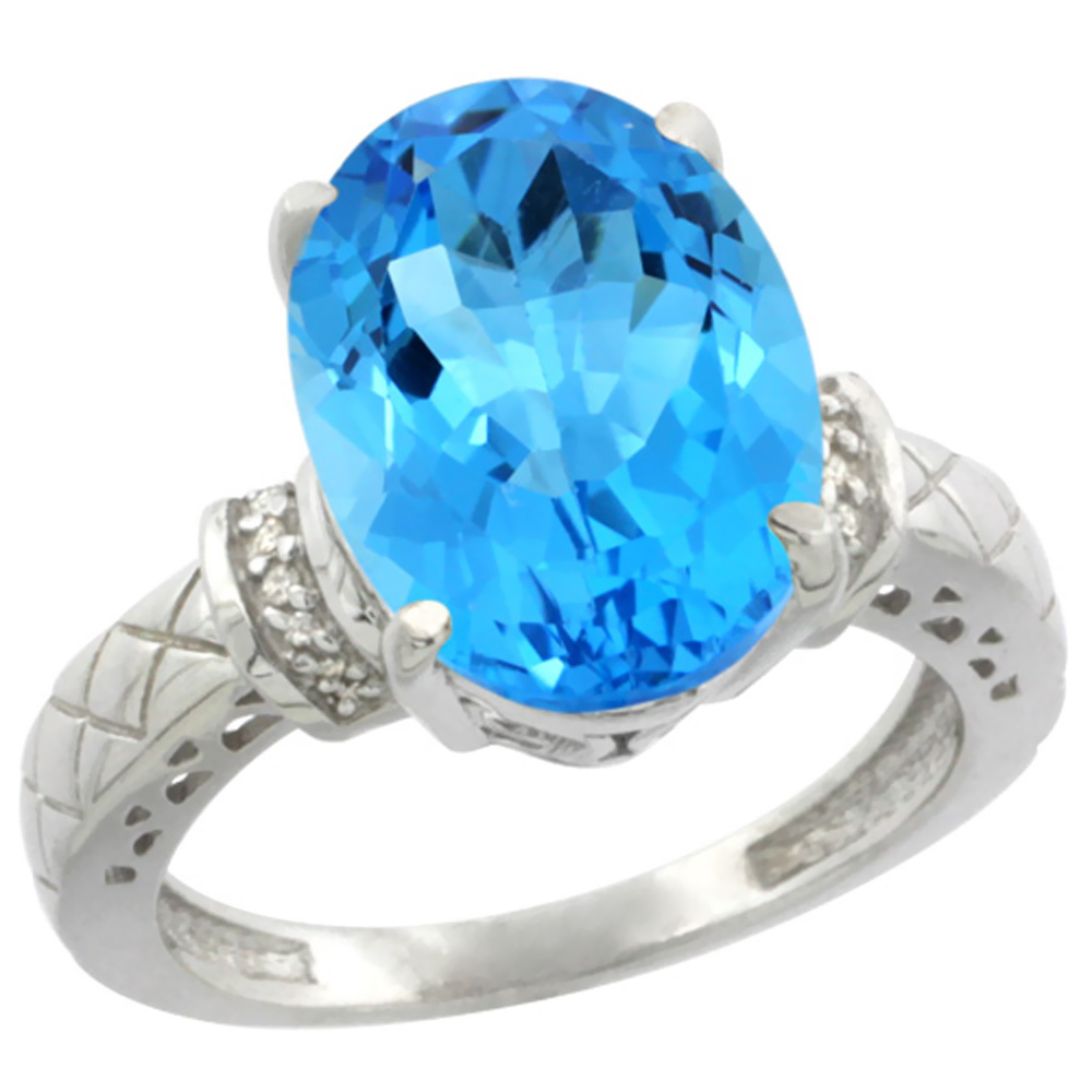 14K White Gold Diamond Natural Swiss Blue Topaz Ring Oval 14x10mm, sizes 5-10