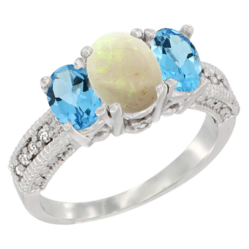 10K White Gold Diamond Natural Opal Ring Oval 3-stone with Swiss Blue Topaz, sizes 5 - 10