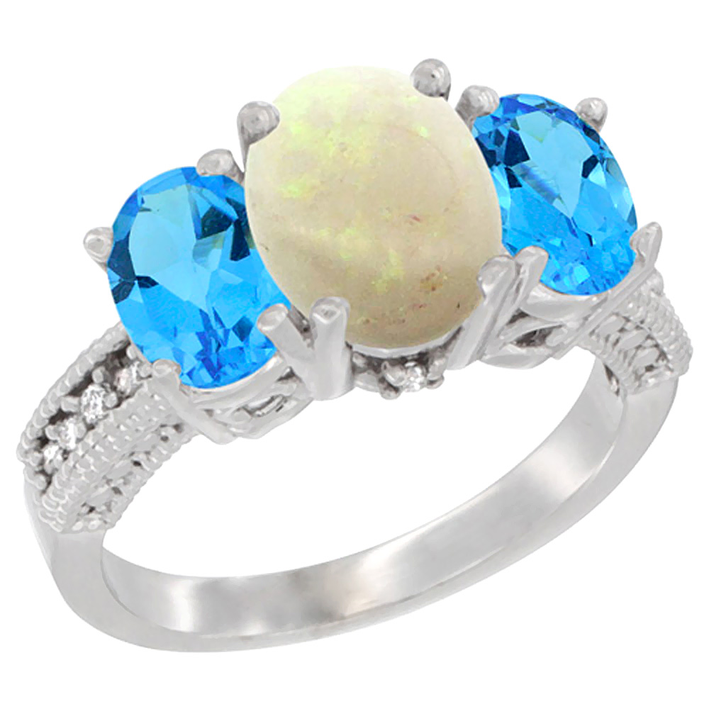 14K White Gold Diamond Natural Opal Ring 3-Stone Oval 8x6mm with Swiss Blue Topaz, sizes5-10