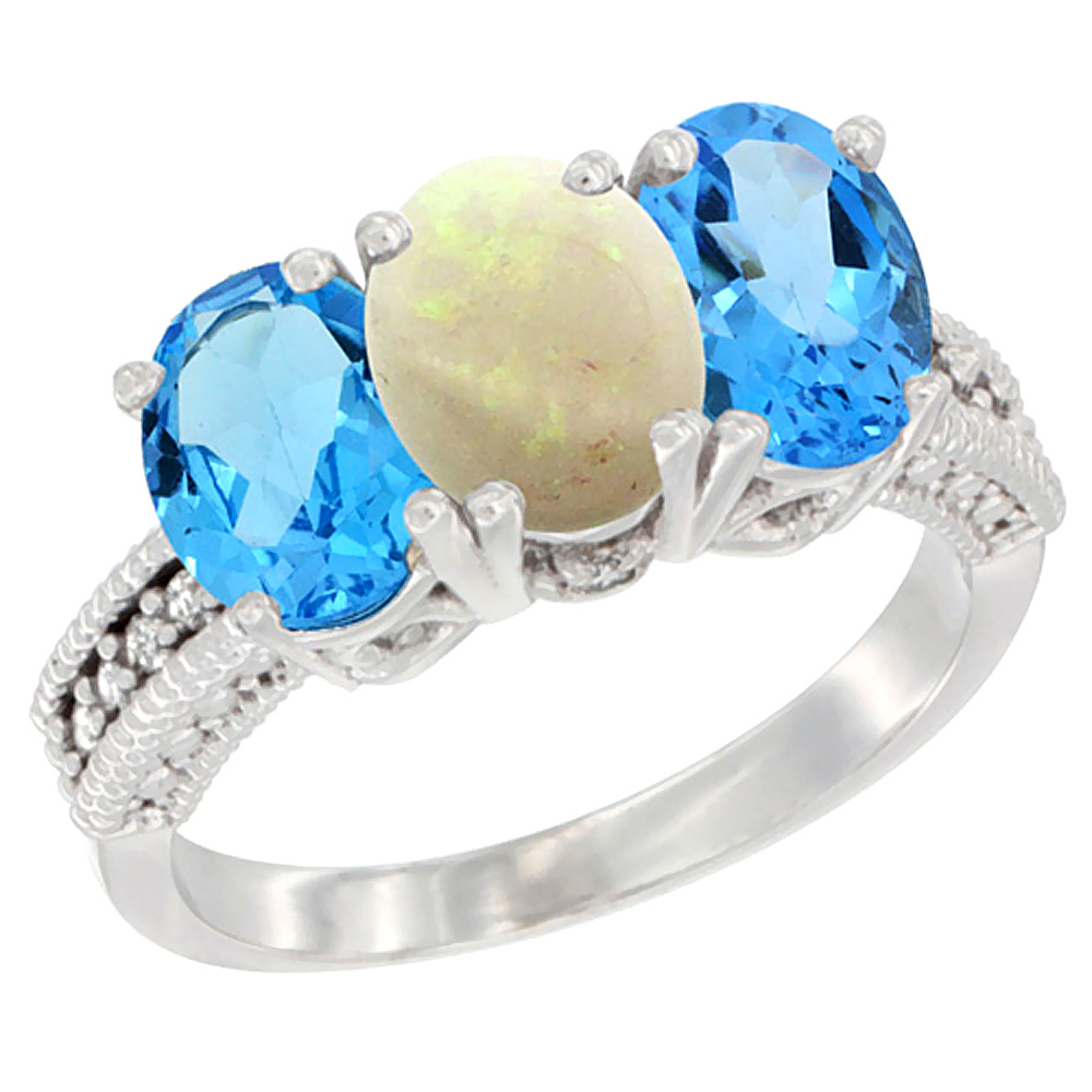 10K White Gold Natural Opal & Swiss Blue Topaz Sides Ring 3-Stone Oval 7x5 mm Diamond Accent, sizes 5 - 10