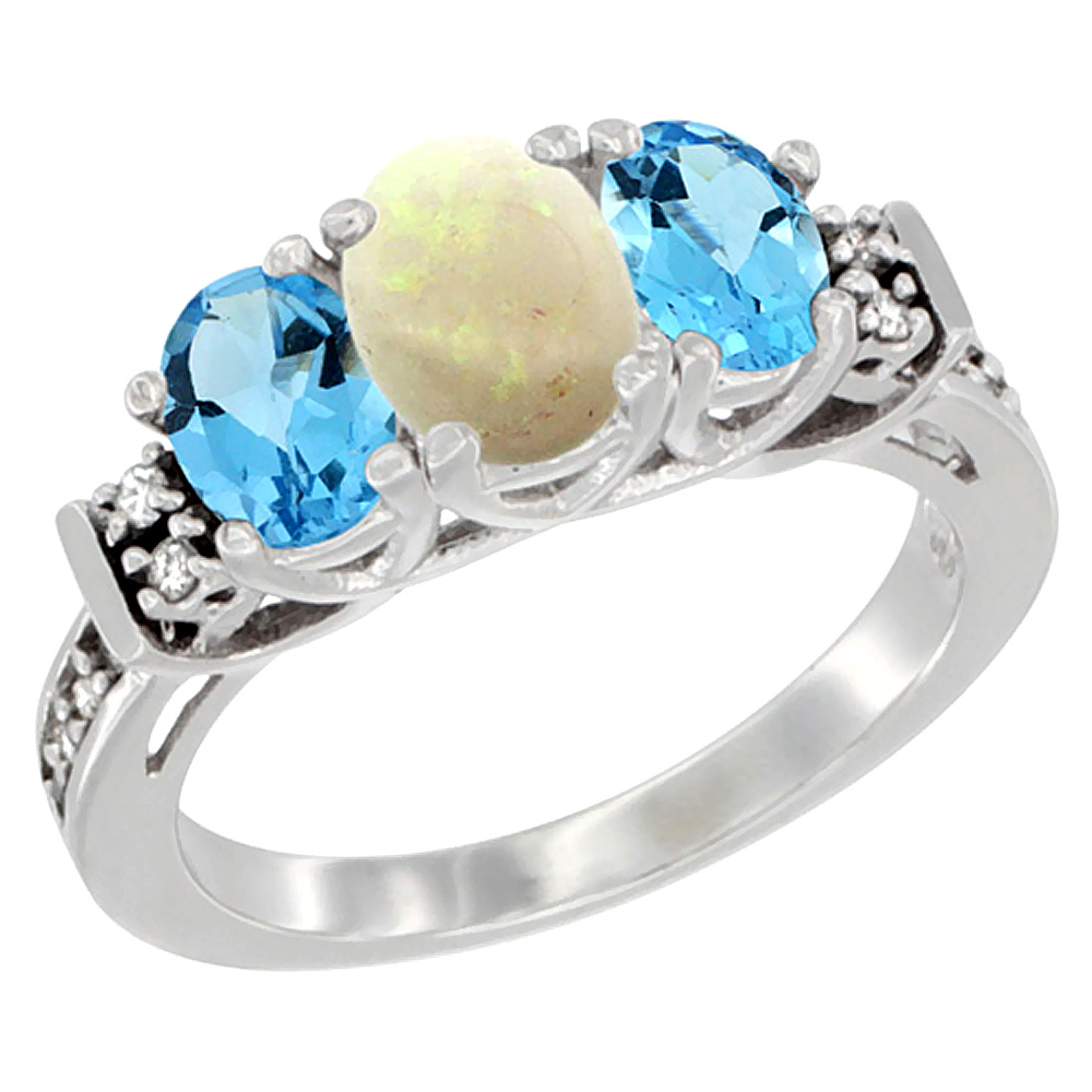 14K White Gold Natural Opal &amp; Swiss Blue Topaz Ring 3-Stone Oval Diamond Accent, sizes 5-10