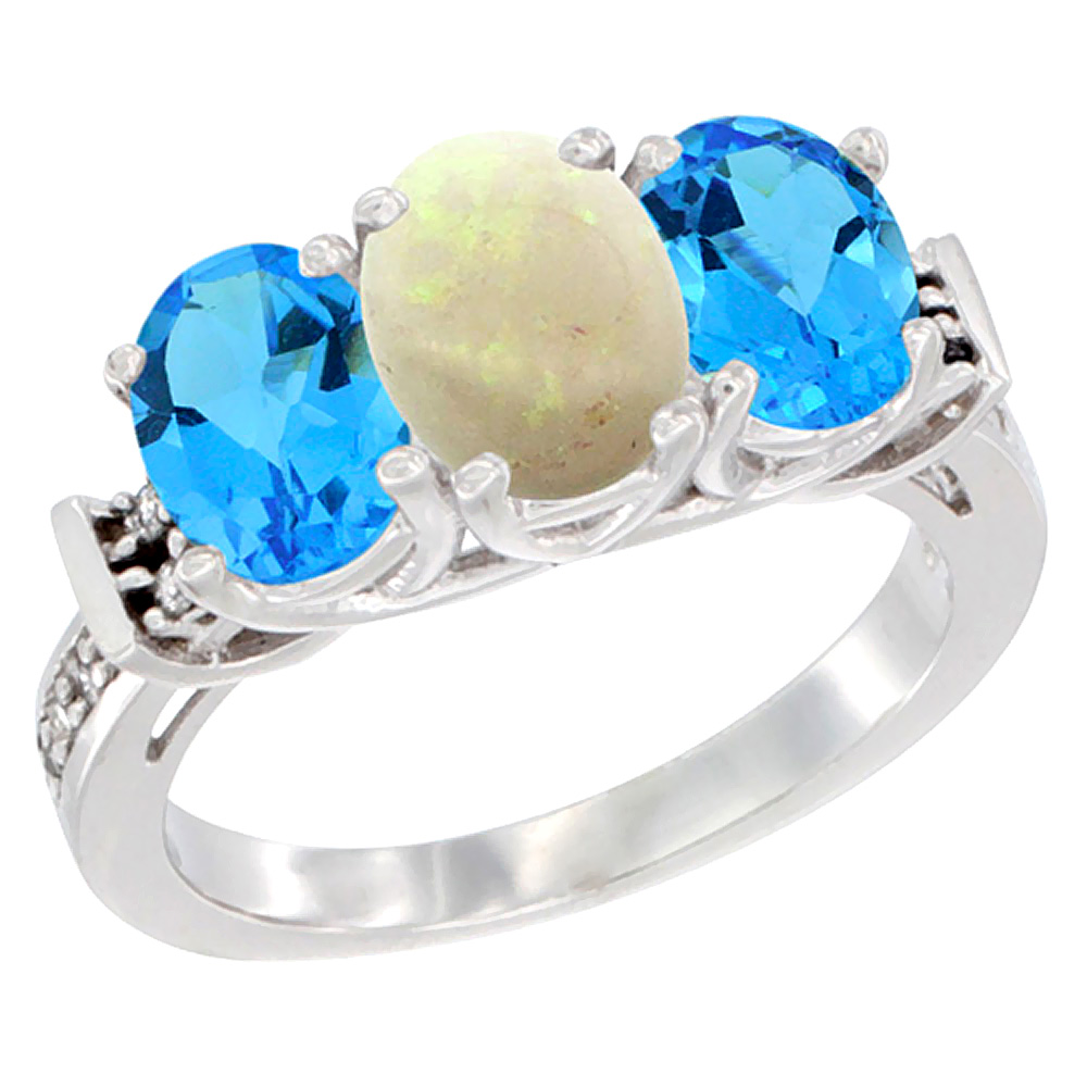 14K White Gold Natural Opal & Swiss Blue Topaz Sides Ring 3-Stone Oval Diamond Accent, sizes 5 - 10