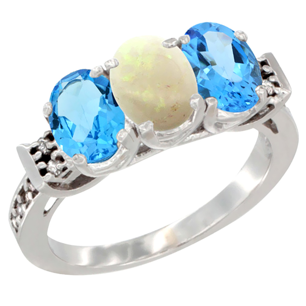 10K White Gold Natural Opal & Swiss Blue Topaz Sides Ring 3-Stone Oval 7x5 mm Diamond Accent, sizes 5 - 10
