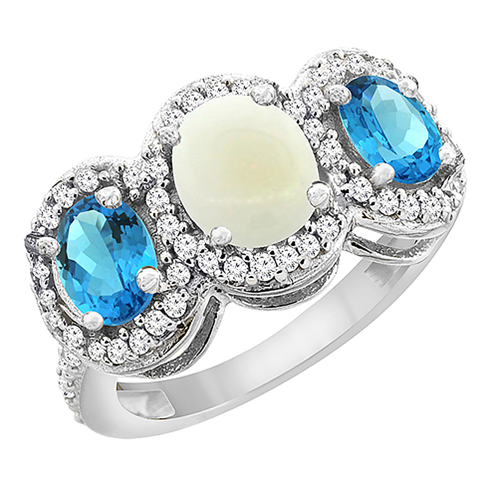 10K White Gold Natural Opal &amp; Swiss Blue Topaz 3-Stone Ring Oval Diamond Accent, sizes 5 - 10
