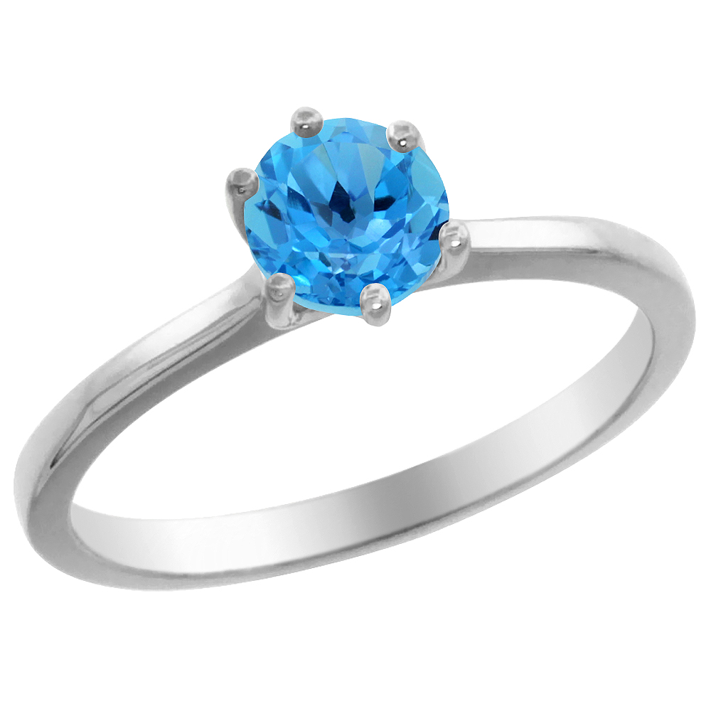 14K White Gold Natural Swiss Blue Topaz Solitaire Ring Round 6mm, sizes 5 - 10