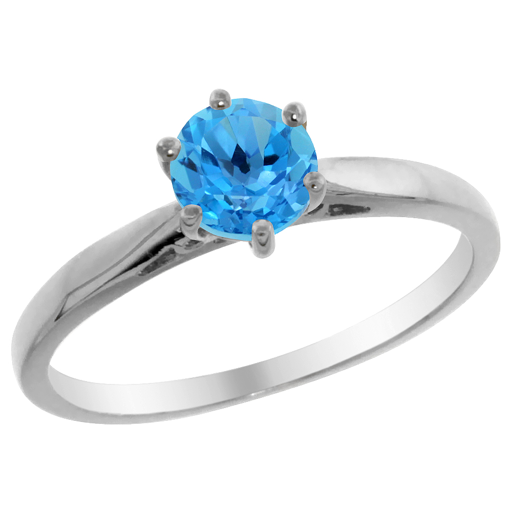 14K White Gold Natural Swiss Blue Topaz Solitaire Ring Round 5mm, sizes 5 - 10