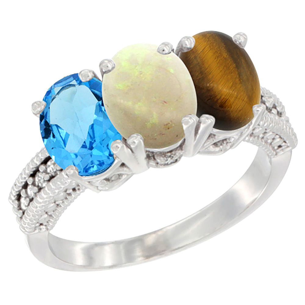 10K White Gold Natural Swiss Blue Topaz, Opal & Tiger Eye Ring 3-Stone Oval 7x5 mm Diamond Accent, sizes 5 - 10
