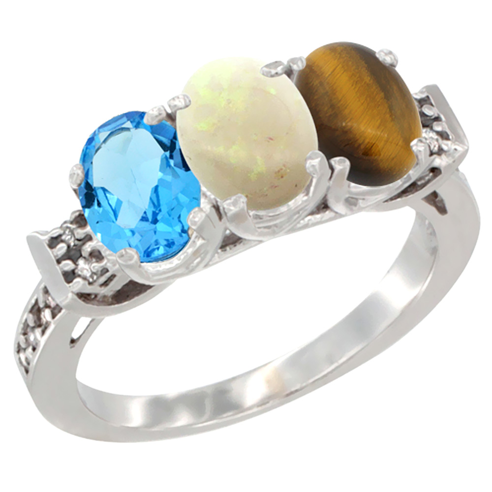 10K White Gold Natural Swiss Blue Topaz, Opal &amp; Tiger Eye Ring 3-Stone Oval 7x5 mm Diamond Accent, sizes 5 - 10