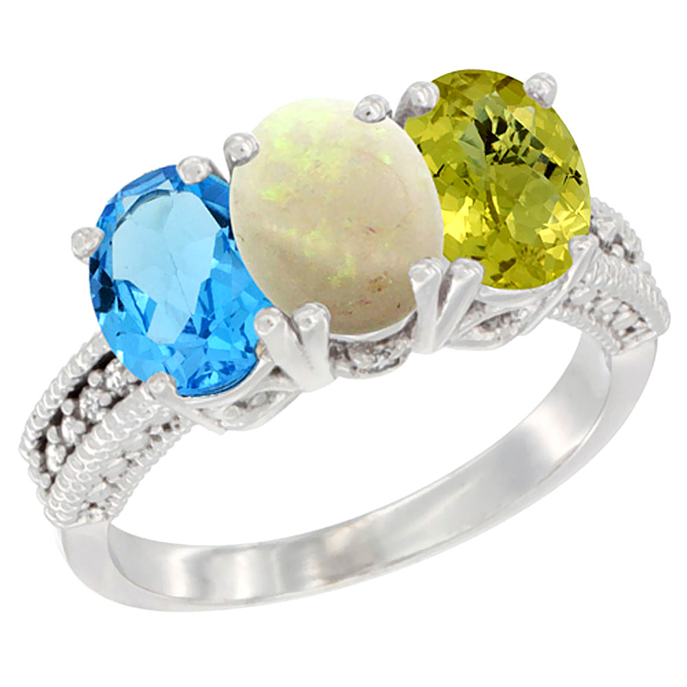 14K White Gold Natural Swiss Blue Topaz, Opal &amp; Lemon Quartz Ring 3-Stone 7x5 mm Oval Diamond Accent, sizes 5 - 10
