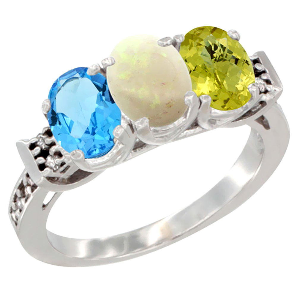 10K White Gold Natural Swiss Blue Topaz, Opal & Lemon Quartz Ring 3-Stone Oval 7x5 mm Diamond Accent, sizes 5 - 10