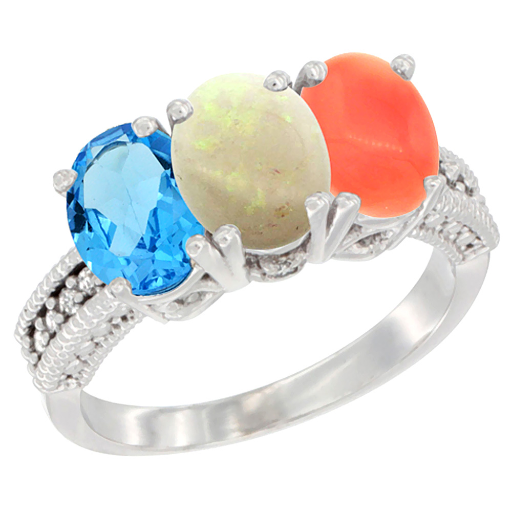 10K White Gold Natural Swiss Blue Topaz, Opal & Coral Ring 3-Stone Oval 7x5 mm Diamond Accent, sizes 5 - 10