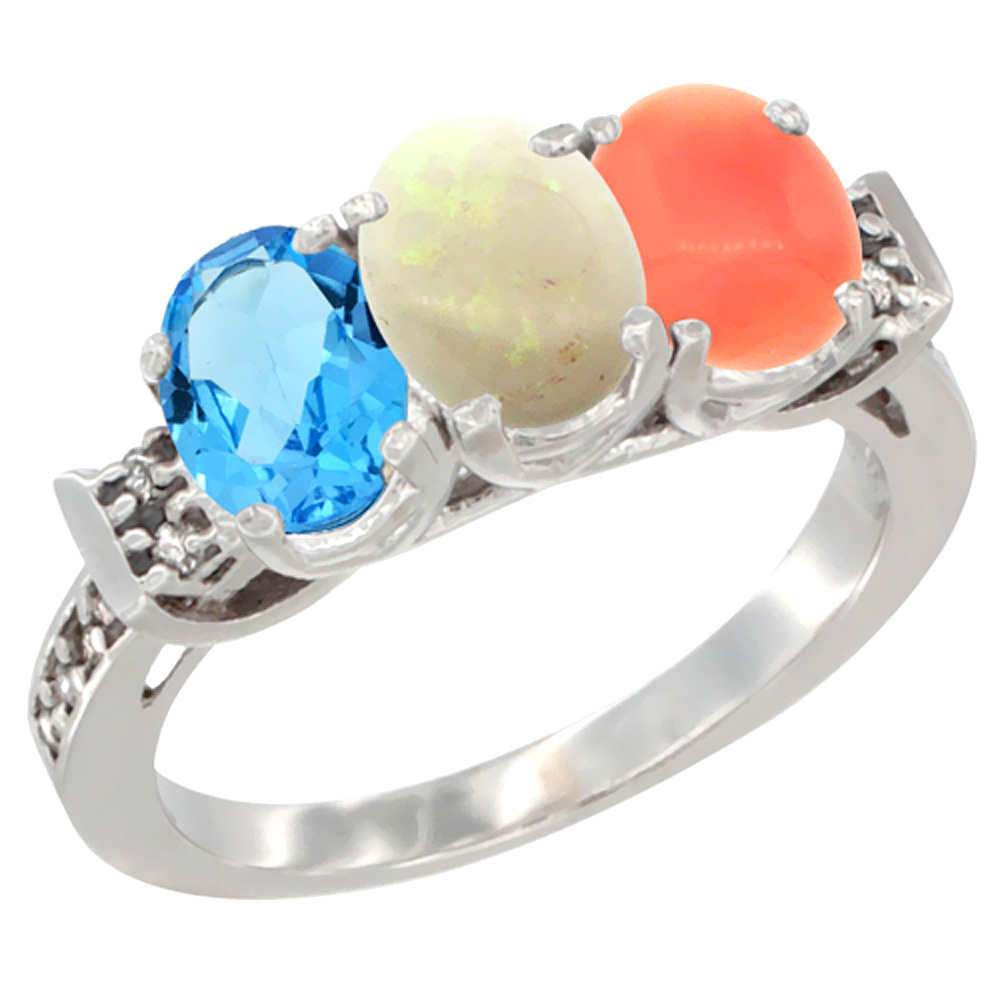 10K White Gold Natural Swiss Blue Topaz, Opal & Coral Ring 3-Stone Oval 7x5 mm Diamond Accent, sizes 5 - 10