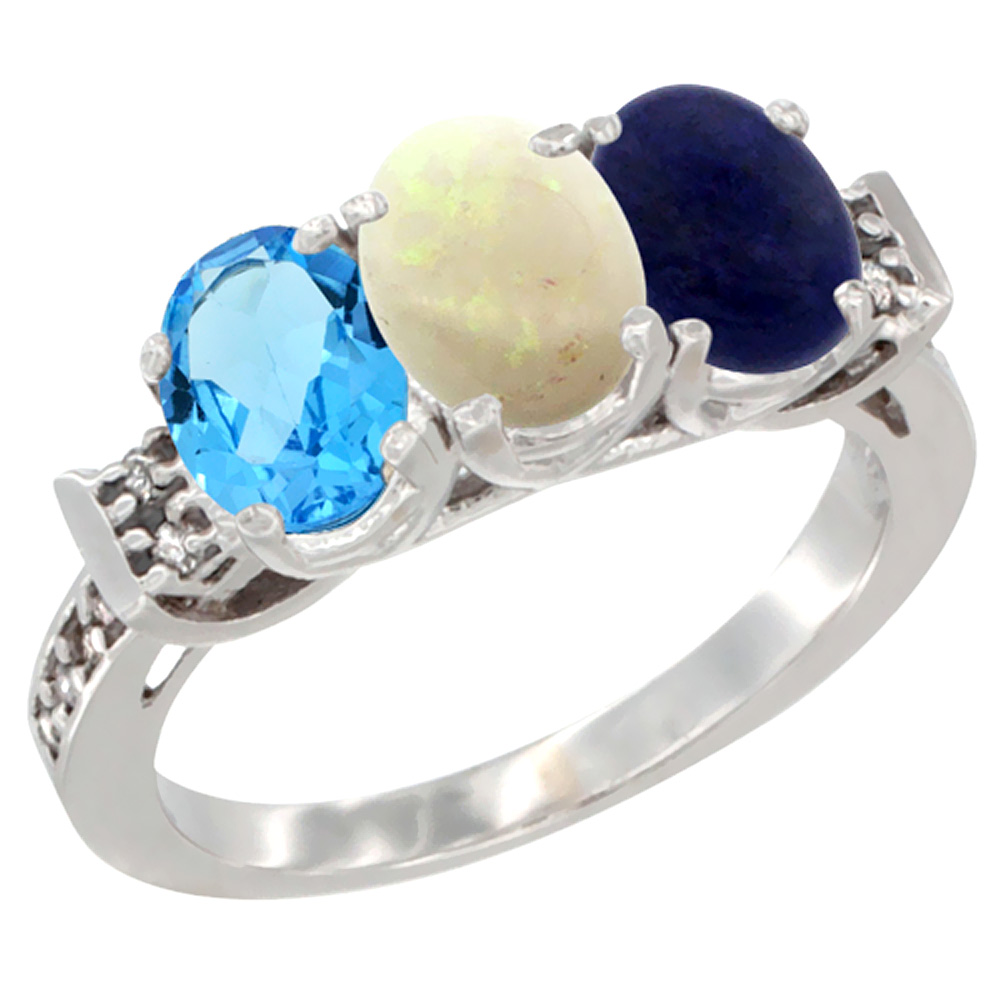10K White Gold Natural Swiss Blue Topaz, Opal & Lapis Ring 3-Stone Oval 7x5 mm Diamond Accent, sizes 5 - 10