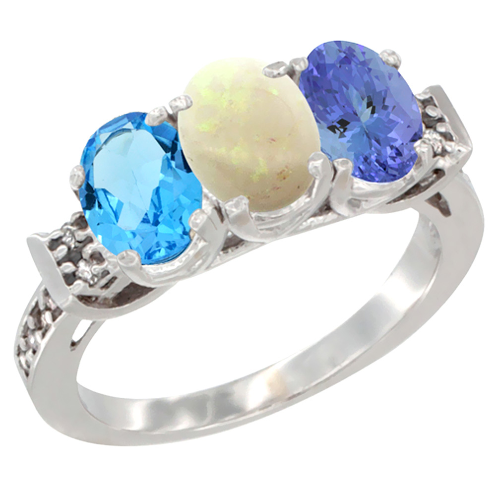 14K White Gold Natural Swiss Blue Topaz, Opal & Tanzanite Ring 3-Stone 7x5 mm Oval Diamond Accent, sizes 5 - 10