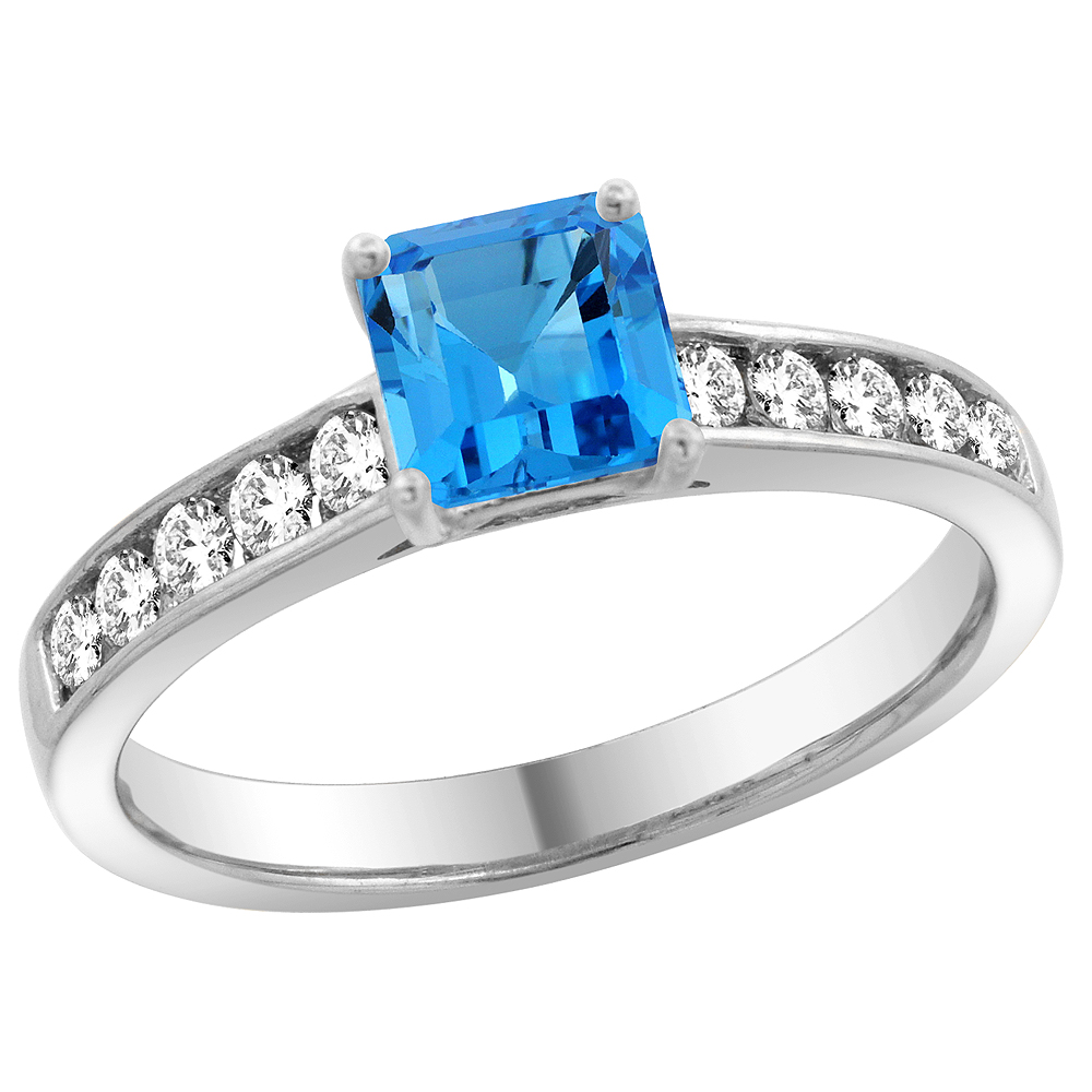 14K White Gold Natural Swiss Blue Topaz Engagement Ring Princess cut 5mm, sizes 5 - 10