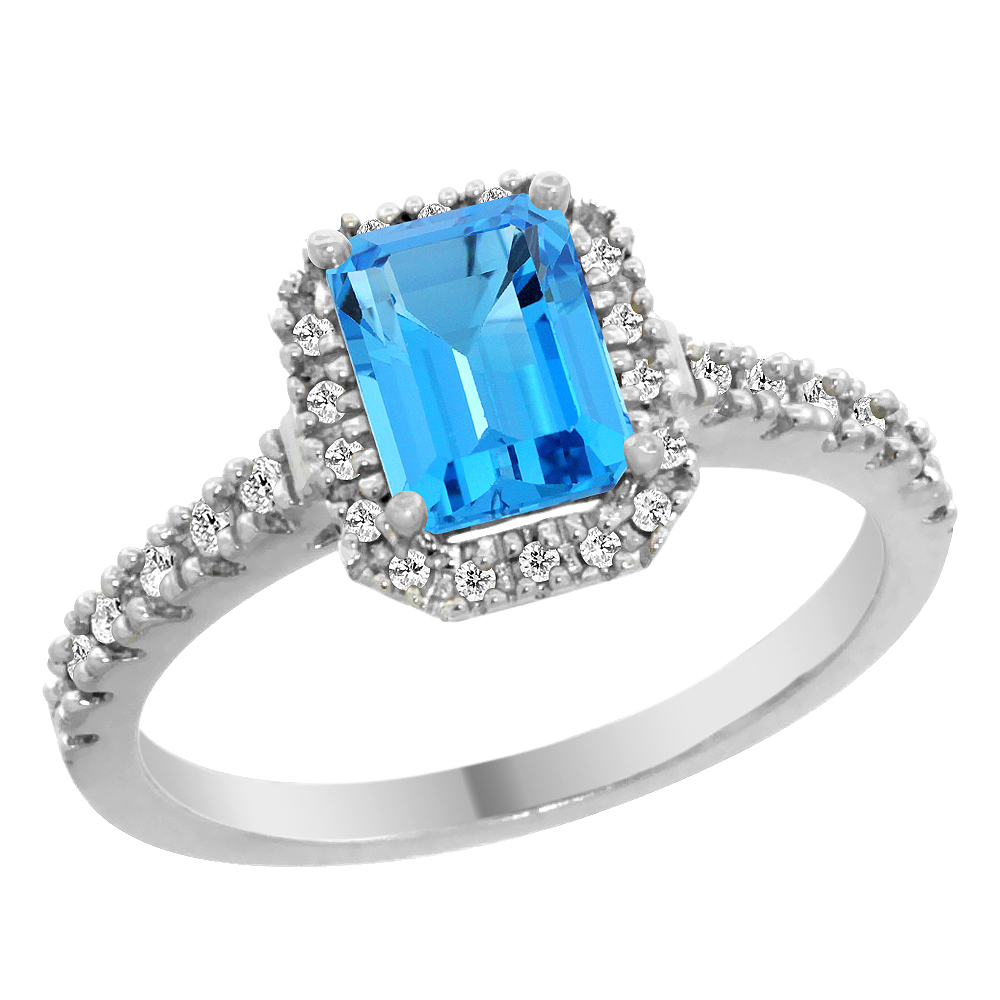 14K White Gold Natural Swiss Blue Topaz Engagement Ring Octagon 7x5 mm Diamond Accents, sizes 5 - 10