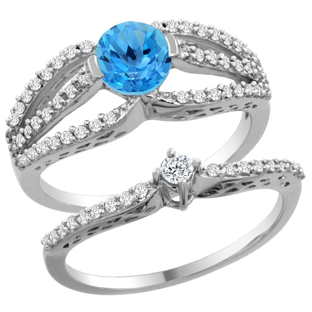 14K White Gold Natural Swiss Blue Topaz 2-piece Engagement Ring Set Round 5mm, sizes 5 - 10