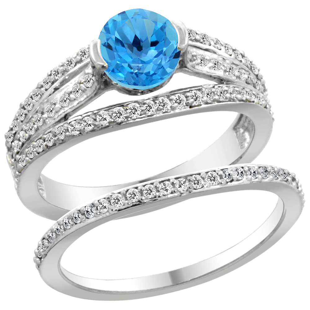 14K White Gold Natural Swiss Blue Topaz 2-piece Engagement Ring Set Round 6mm, sizes 5 - 10