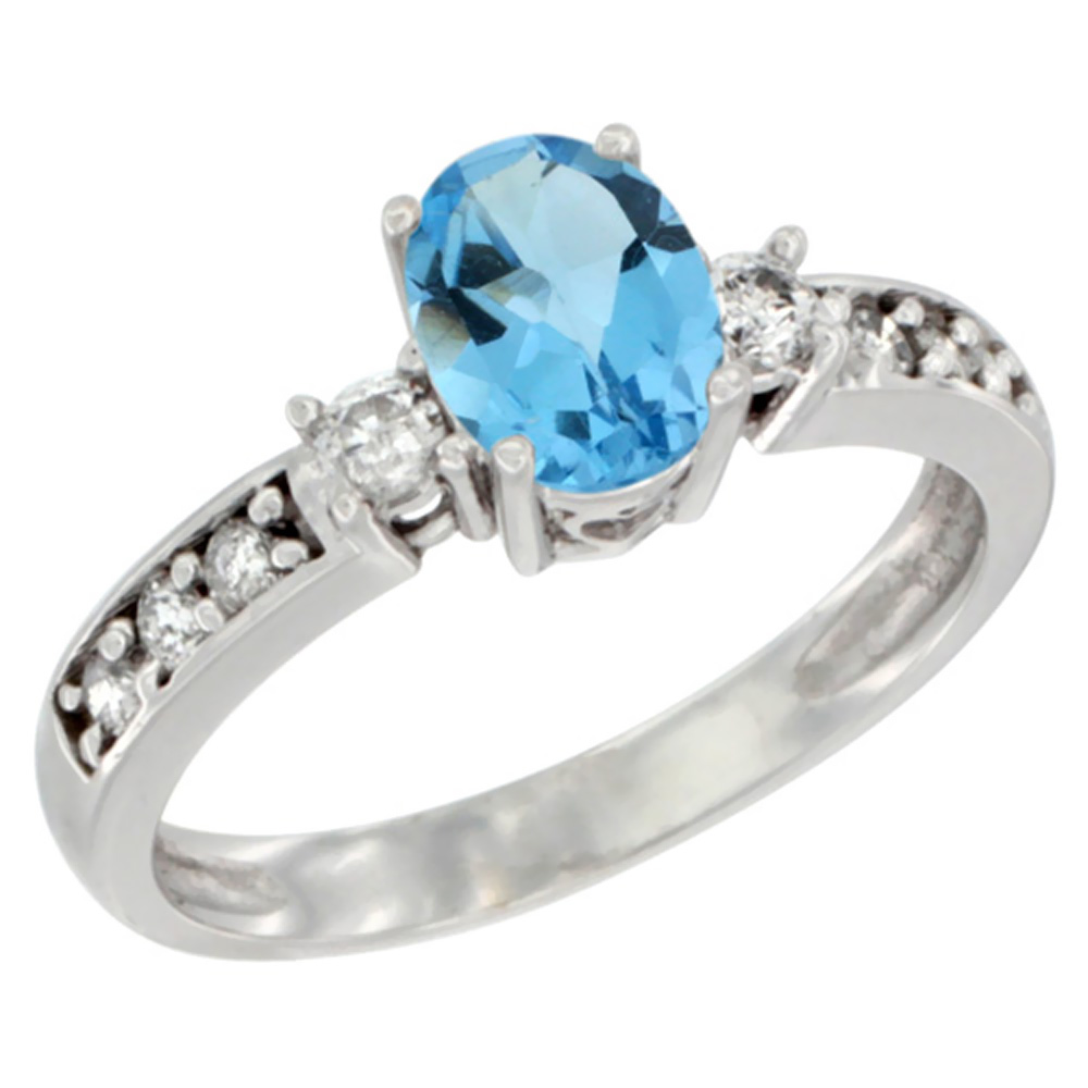 14K White Gold Natural Swiss Blue Topaz Ring Oval 7x5 mm Diamond Accent, sizes 5 - 10