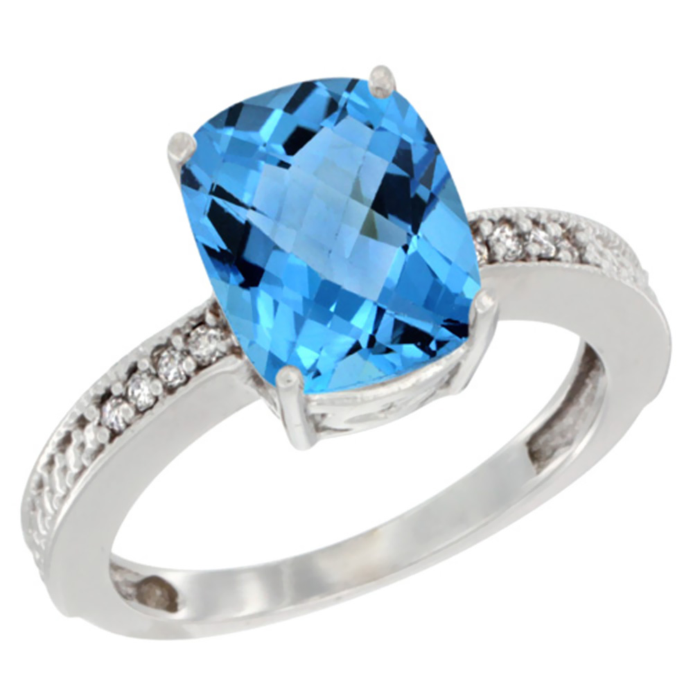 10K White Gold Diamond Cushion Cut 10x8 mm Genuine Blue Topaz Stone Ring sizes 5 - 10