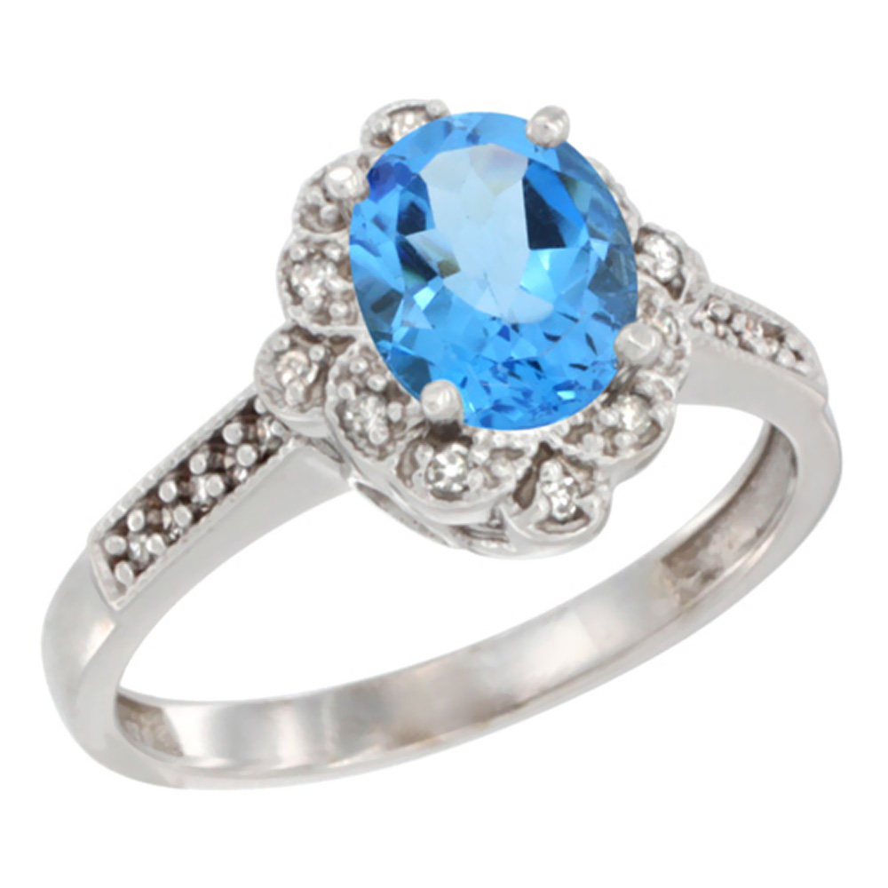 14K White Gold Natural Swiss Blue Topaz Ring Oval 8x6 mm Floral Diamond Halo, sizes 5 - 10