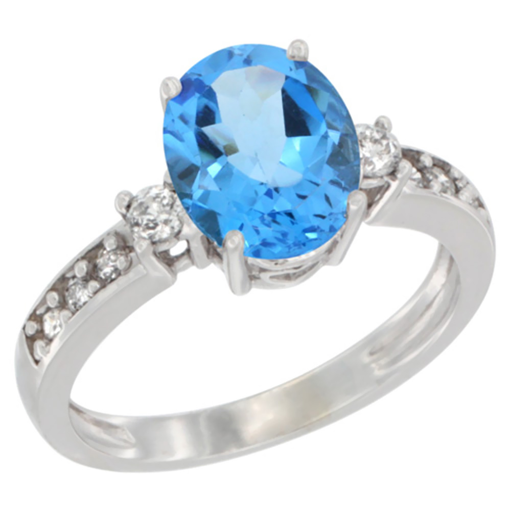 14K White Gold Natural Swiss Blue Topaz Ring Oval 9x7 mm Diamond Accent, sizes 5 - 10